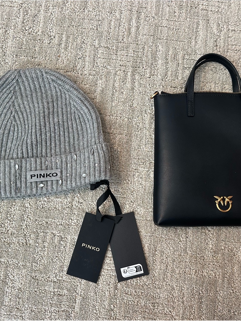 PINKO Black Leather Mini Tote Bag and Gray Beanie Hat Set